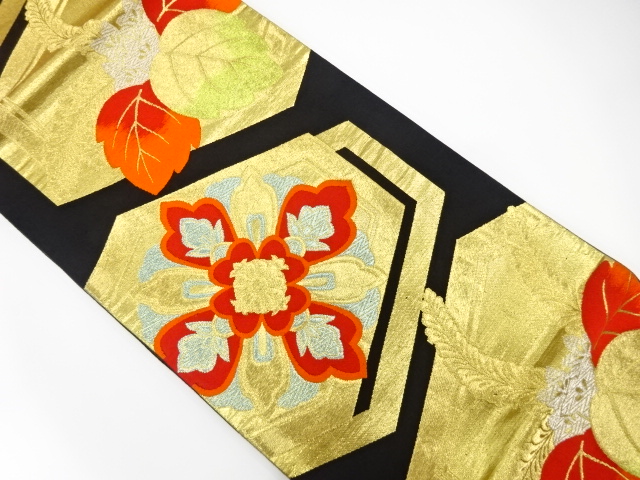 アンティーク　亀甲に花・桐模様織り出し袋帯（着用可）